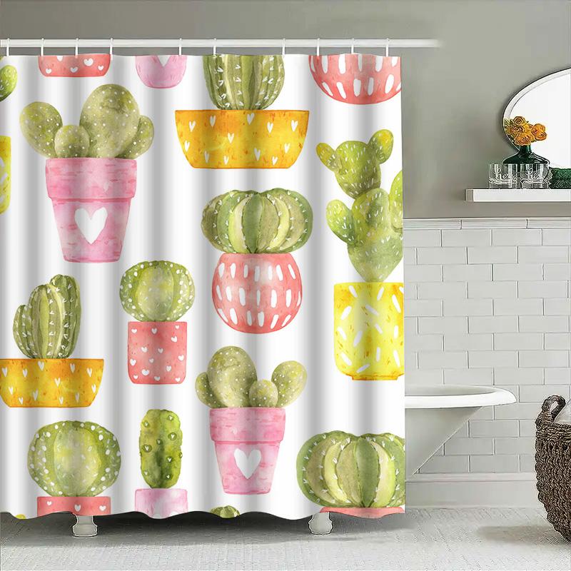 Colorful Cactus Shower Curtain Watercolor Houseplants Decor For Bathroom Pink, Green Yellow Floral Design New