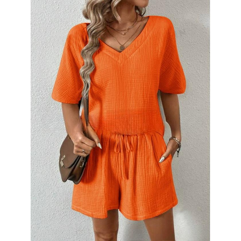 Spring and Summer Women's Double-layer Zou Cloth Short-sleeved Shorts Two-piece Suit