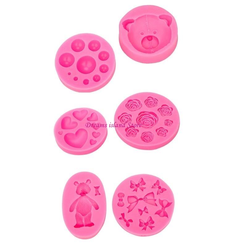 6pcs Bear Heart Bowknot Shaped Fondant Cake Silicone Mold Pastry Chocolate Mould Candy Ice Cream Mold DIY Baking Tool HX6C