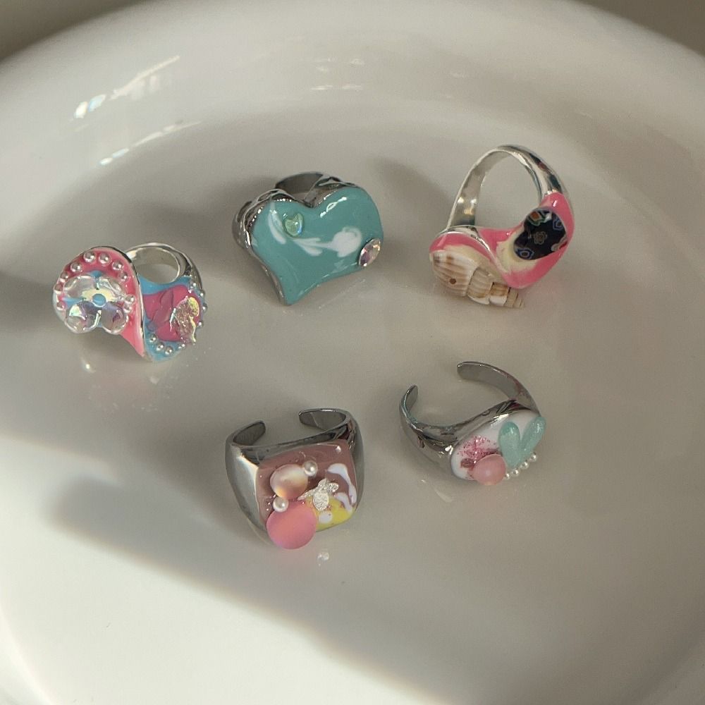Open Ring Painting Ring Dripping Oil Irregular Enamel Ring Cute Enamel Love Heart Ring  Couple