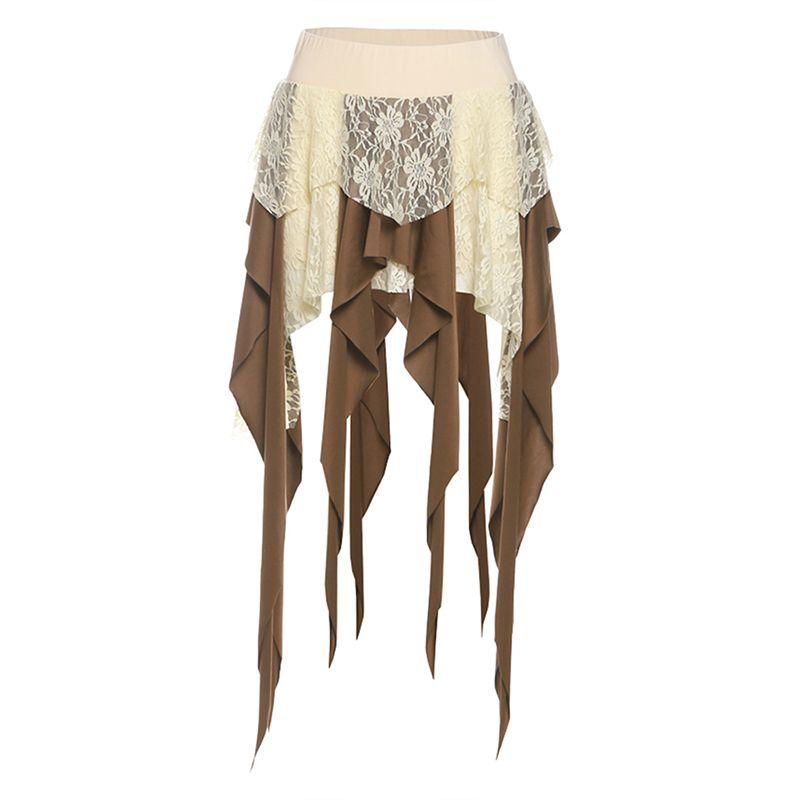 

# Sisjuly# Крутой Драг Ретро Песчаная Дюна Отходы Почва Ветер Кружево Лоскутное Шитье Лента Юбка с Защитой от Просвечивания Женская Летняя Apricot(Including bottoms) L