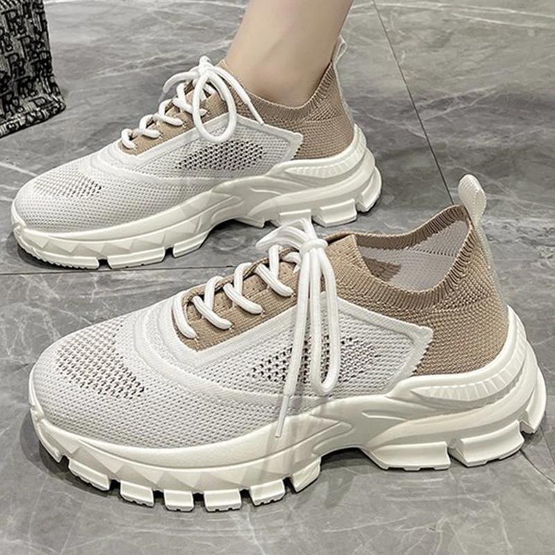 Fashion Comfortable Breathable Mesh Sports Women Spring Autumn Wear-Resistant Thick Platform Sneakers Woman Solid Lace Up Shoes Lady