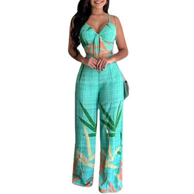 Summer Women's Faux Hemp Casual Suit V-Neck Short Vest High Waist Printed Wide Leg Pants Suit