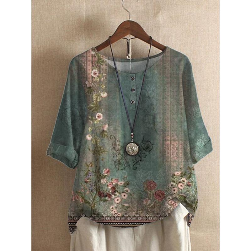 

YYFS Женская мода повседневная летняя весна цветочный узор принт блузки и рубашки с круглым вырезом рукава 1/2 XXXL