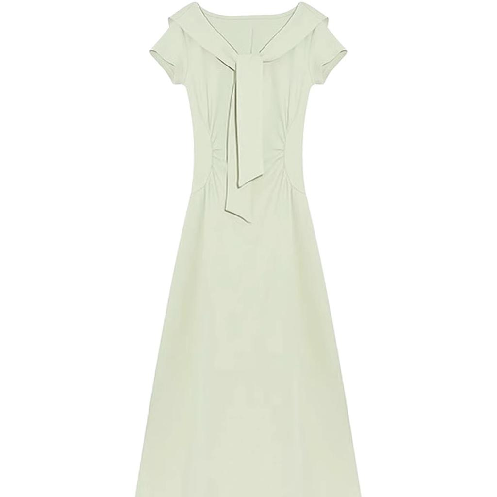 French Style Pleated Solid Color Dress Children's Summer New Short-sleeved Design Feeling Waist Temperament Showing Thin Long Skirt