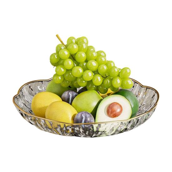 Plastic Fruit Bowl with Gold Trim, Clear Fruit Basket, Modern Decorative Serving Bowl for Kitchen Counter, Dining Room, Coffee Table