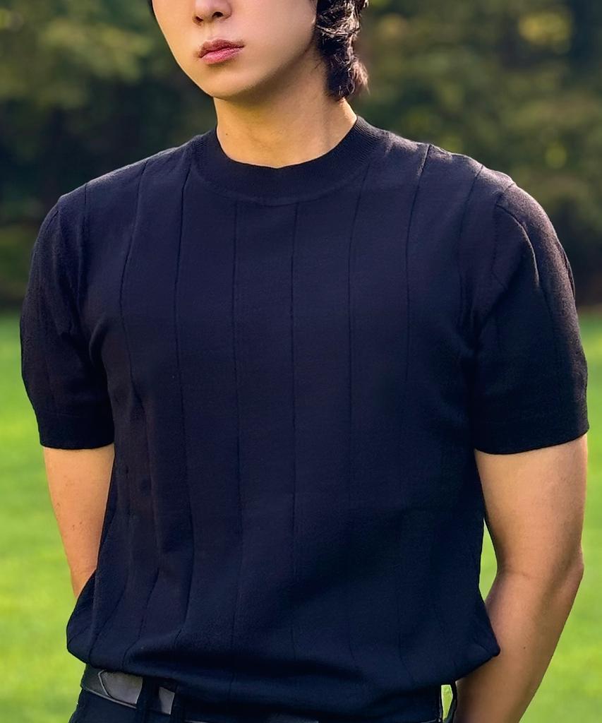 HERVINO Cable Round Neck Muscle Fit Short Sleeve Knit [Black]