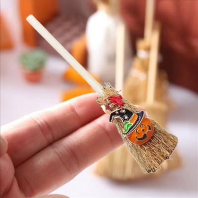 Mini Witch Broom Car Pendant Wooden Halloween Ornament for Rearview