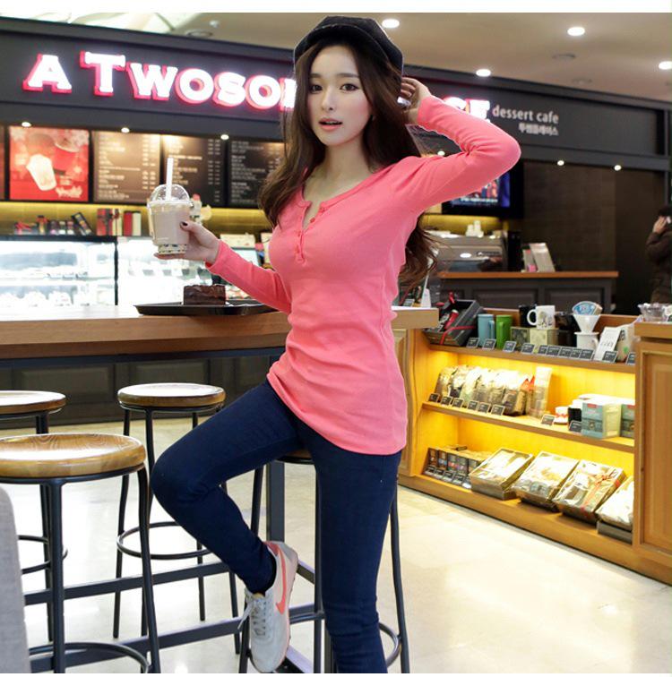 Women's Autumn Slim Fit Ribbed Long Sleeve T-Shirt with Half Open Collar