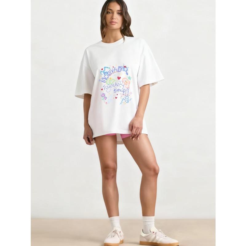Oversized T Shirt Black Colorful Embroidered Graphic Print With Words Give Love To Yourself Be Happy Casual Streetwear Fashion Women Summer Top