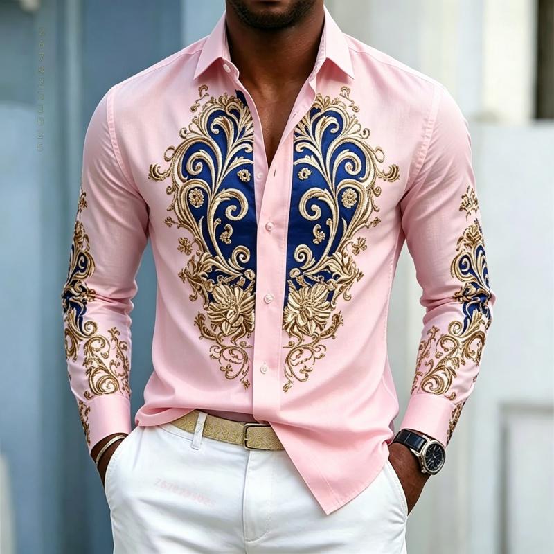 Camicia da uomo, top a maniche lunghe stile palazzo di lusso leggero, top con design a contrasto blu oro, abbigliamento uomo business casual