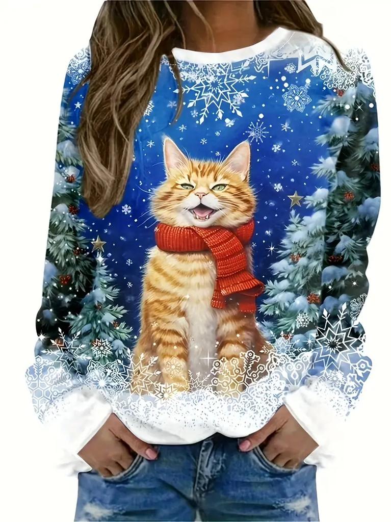 Women Christmas Sweatshirt 3D Print Cute Cat Snowman Print Long Sleeve Crewneck Pullover Festive Wear Fall Winter Holiday Tops