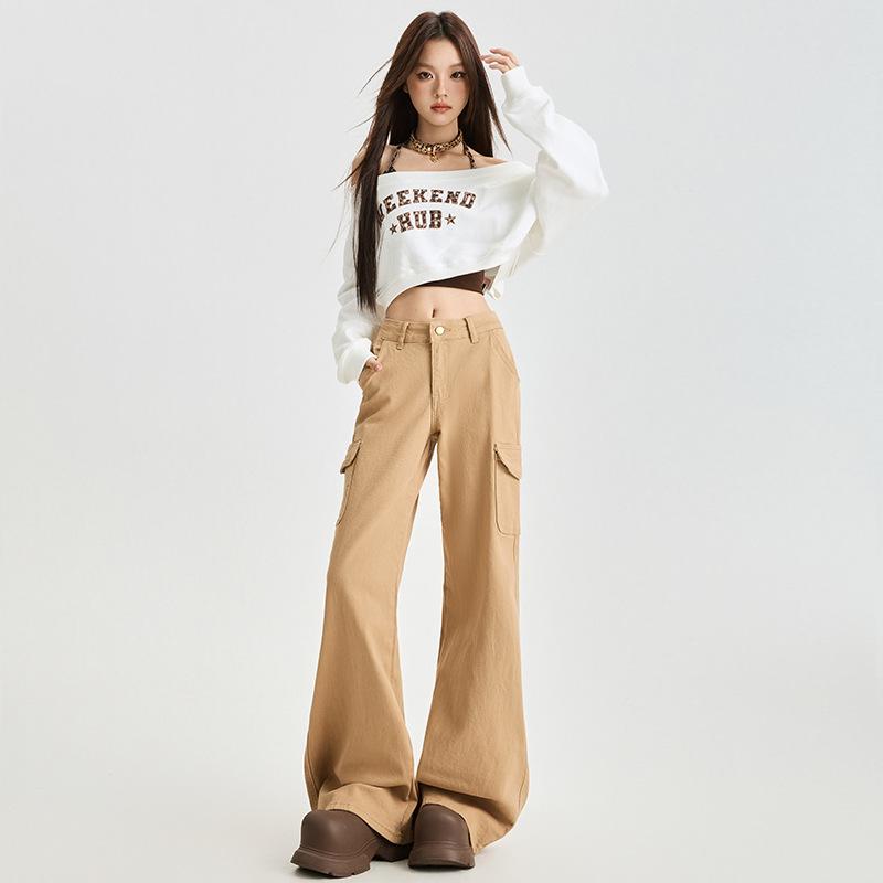 Khaki denim flared pants women's winter new thin design tooling pocket floor pants