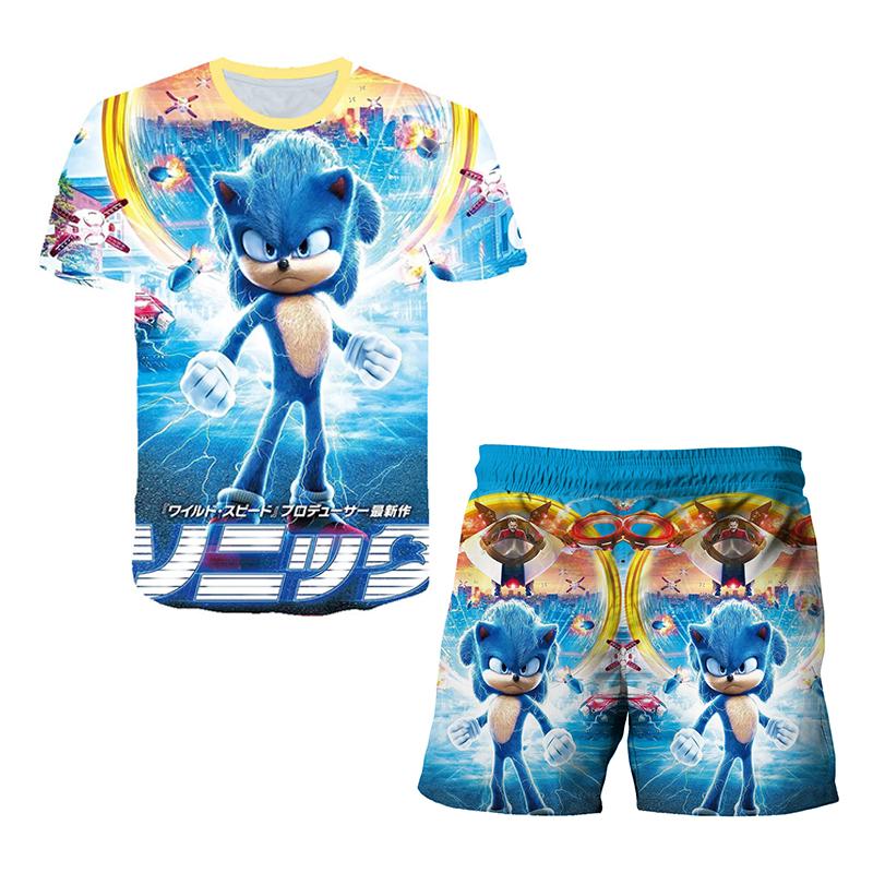 2025 MINISO Ny Japansk Tecknad Sonic 2 T-shirt Barnens Topp Shorts Tvådelat Set Sommar Pojke Tecknad Söt SONIC T-shirt+ Strandbyxor