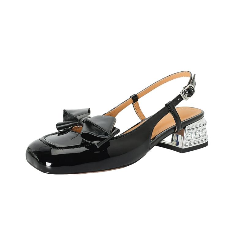

Fashion Women s new summer leather sheepskin patent leather bow square toe, diamond heel, back strap, toe cap sandals 220 чёрный