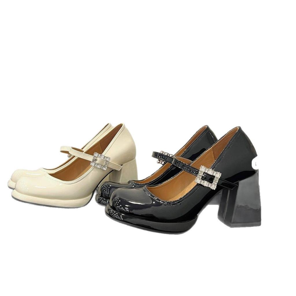 Fairy Wind Word with Rhinestone Mary Jane Shoes 2025 Spring New Versatile Thick Heel High Heels Patent Leather Single Shoes Women