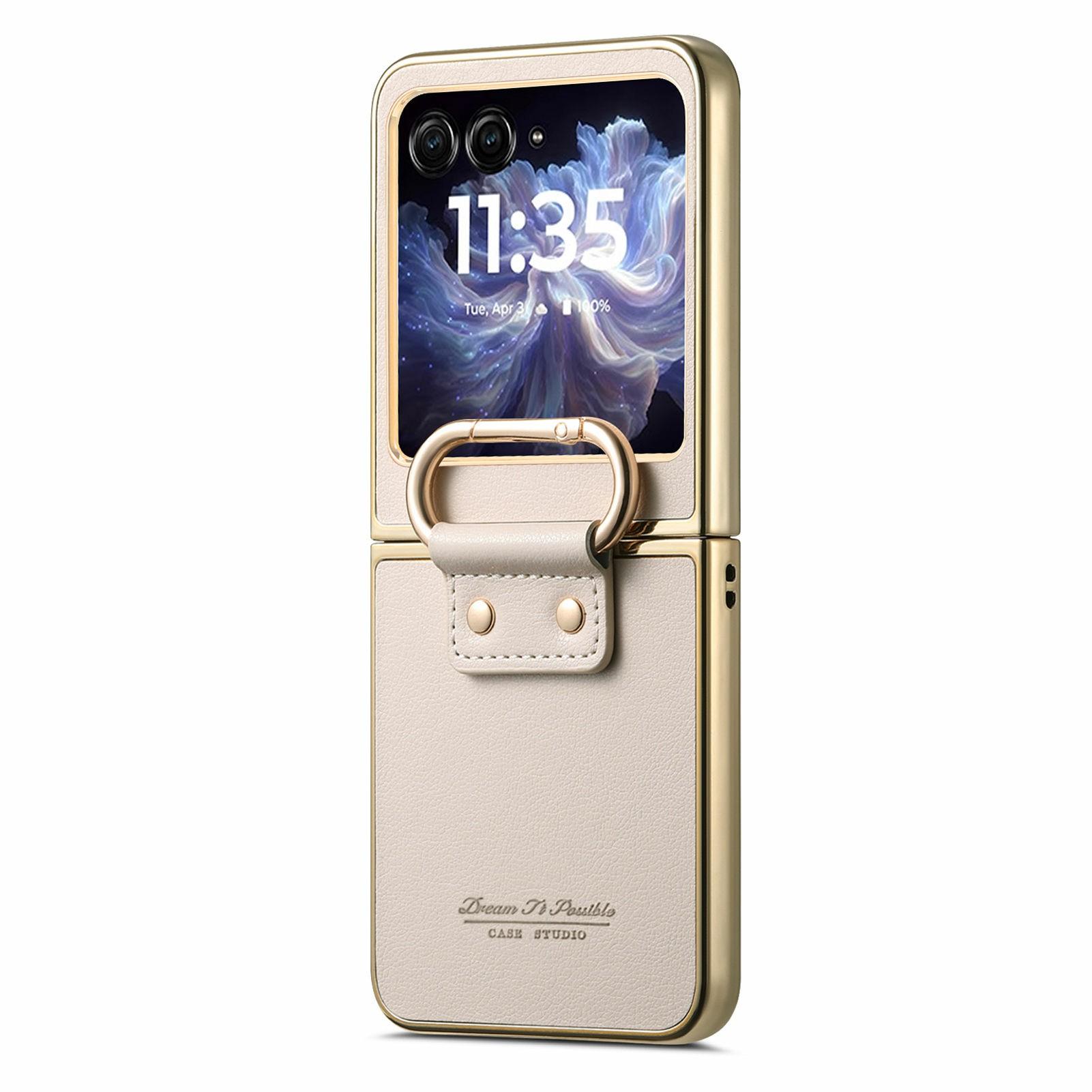 

For Motorola Razr 60 Case Electroplating Leather Coated PC Phone Cover with Spring Ring Buckle Kickstand