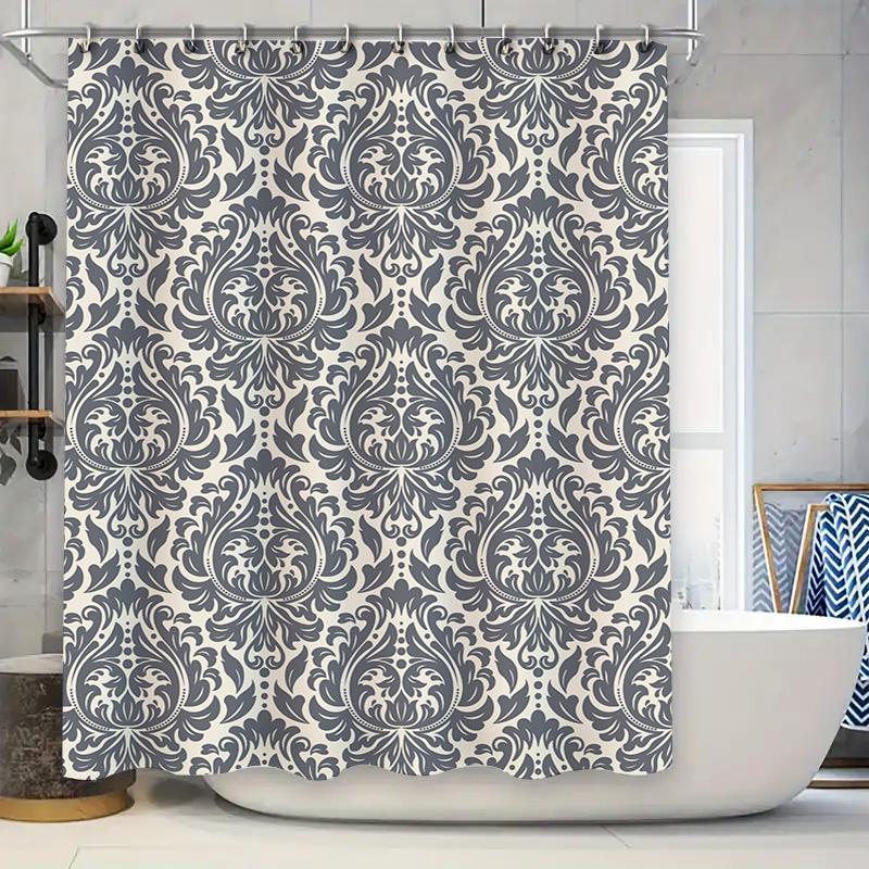Classy Damask Shower Curtain Dark Grey White Pattern For Bathroom Decor Waterproof Fabric Shower Panels With Rings Set W60H190(CM)-1 Pcs
