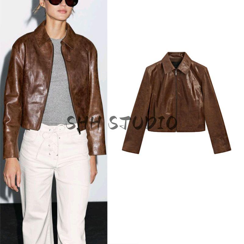 MD New Fall Women's Clothing Frank Cool Wind Fancy Poly Urethane Leather Short Lapel Leather Coat 4737587