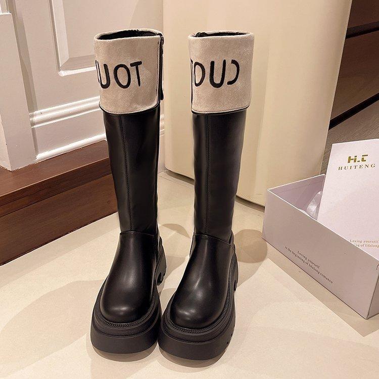 Thick-soled color-matching boots for women's 2025 autumn and winter new Xiaoxiangfeng tall knight boots, small but knee boots