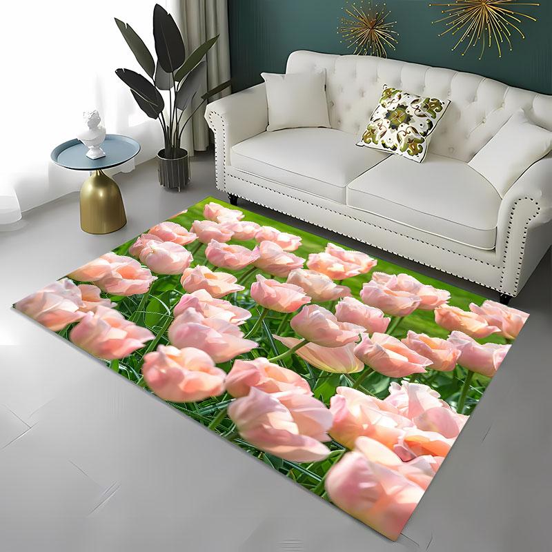 Krásný 3D tištěný koberec s tulipány do obývacího pokoje, ložnice Alfombra Protiskluzový měkký kusový koberec Pohovka Vstupní rohožka Domácí rohožka Dekor Tapete