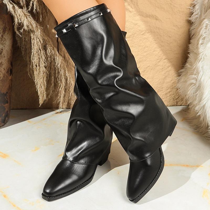 Women's Wide Width Pleated High Heel Knee Boots - Chunky Heel British Style Slouch Boots for Fall, Retro Stacked Boots