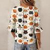 Women's Halloween Printed Three-Quarter Sleeve Blouse with Tie Neck and Ruffled Hem