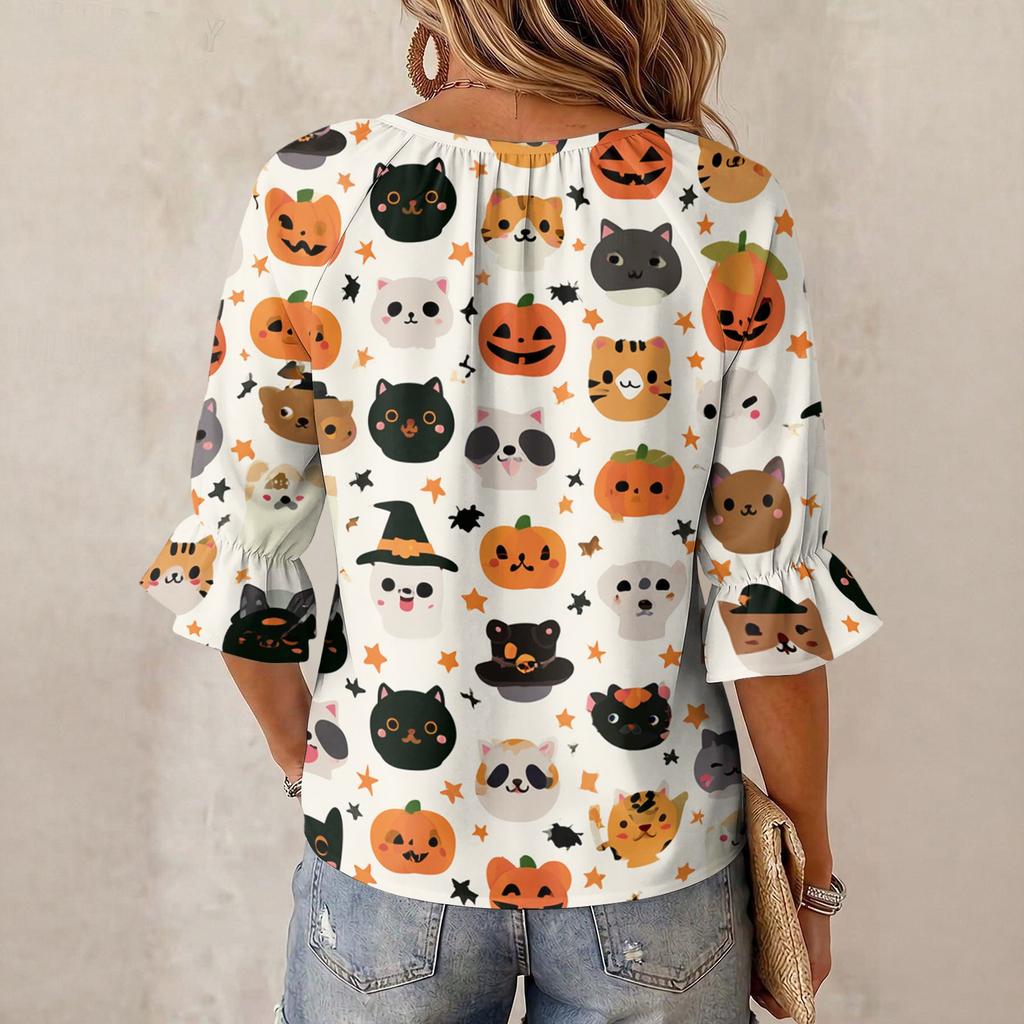 Women's Halloween Printed Three-Quarter Sleeve Blouse with Tie Neck and Ruffled Hem