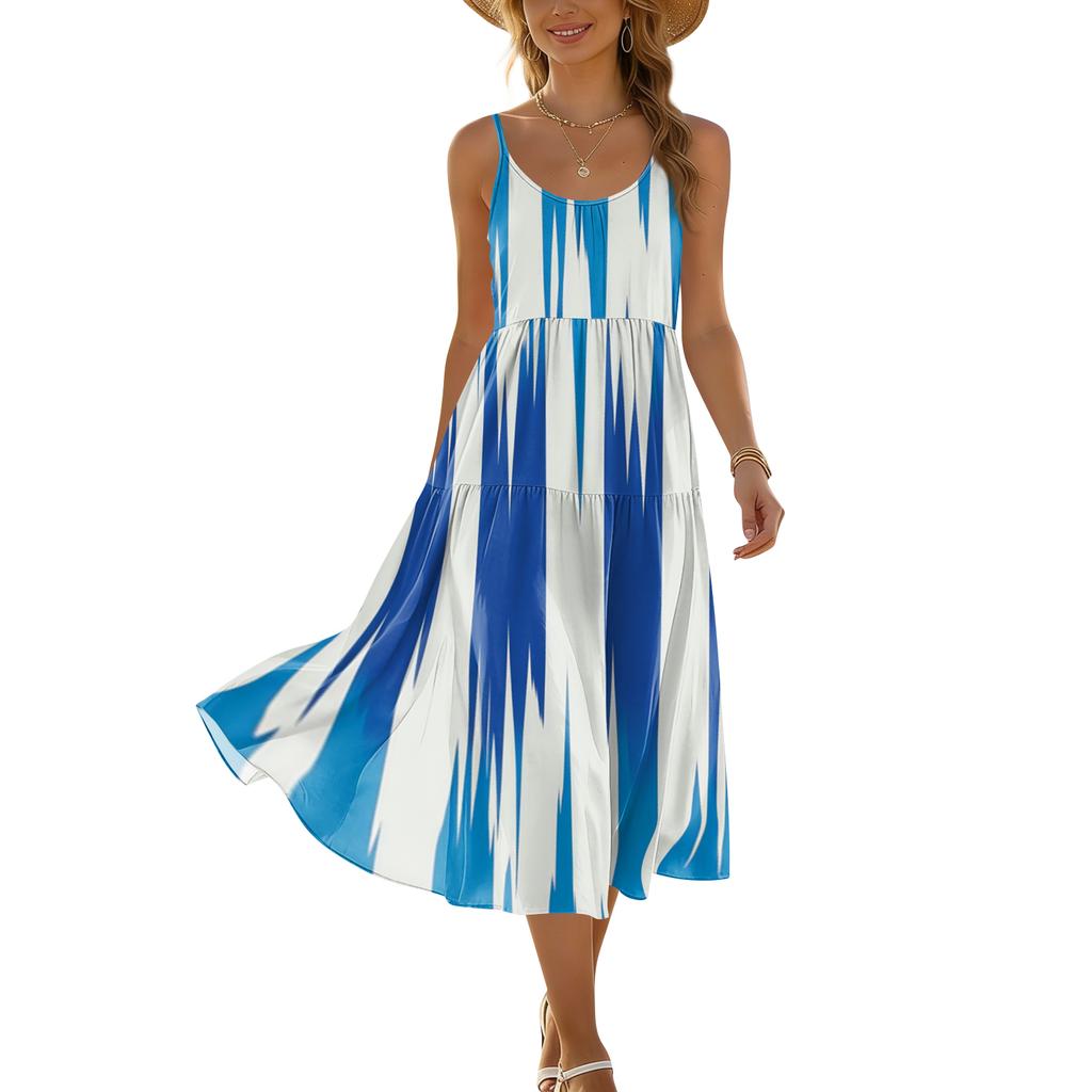 Women Bohemian Floral Print Sleeveless Adjustable Strap Pocket Midi Dress for Summer Beach Holiday Casual Wear