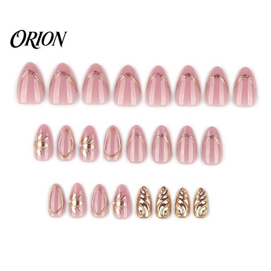 Stick-on Fake Nails 24Pcs Golden Cat Eyes Press on Nails, Nude Pink Almond Reusable for Women, Removable Full Cover Glue False 24PCS