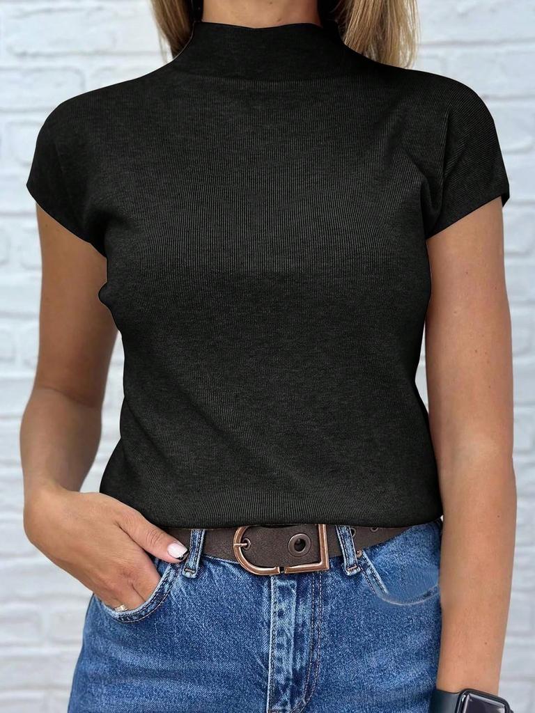 Women's Mock Neck Short Sleeve Knit Sweater Slim Fit Summer Casual Pullover Top