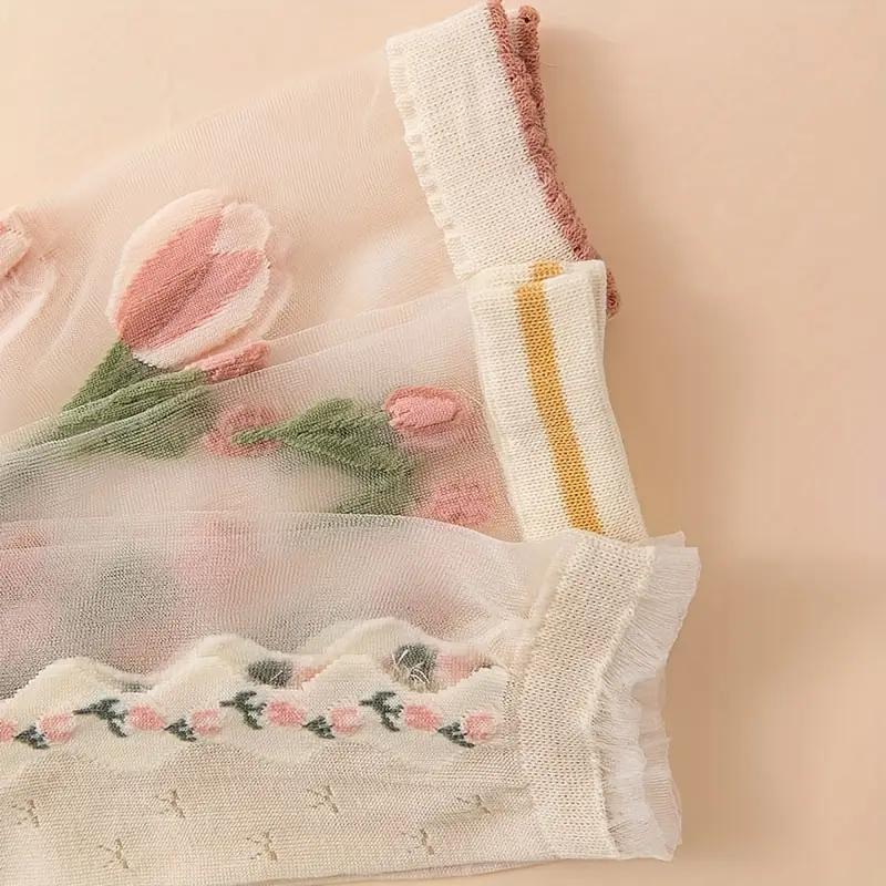 3 Pairs of High-Value Tulip Flower Girl Glass Stockings Are Comfortable Soft Breathable and Cute Women's Long Socks