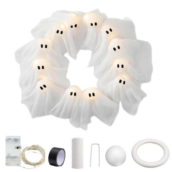 Halloween Ghost Wreath with 12 LED Lights Small Light-up White Ghost Hanging Wreath for Front Porch Door Wall Indoor Outdoor Decoration