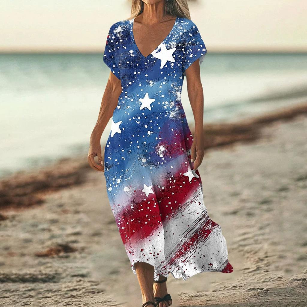 Sommerkleid Damen Lang Strandkleid Elegantes Kleid V-Ausschnitt Kurzarm Sommerkleid Leicht Luftig
