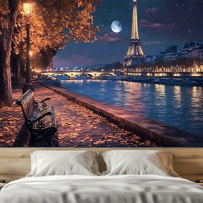 1pc Paris Eiffel Tower Seine River Night View Tapestry City Landmark Wall Art Living Room Decor Romantic France Background Print