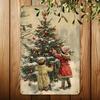 Vintage Christmas Tin Sign - Youngsters Decorating Tree In Snow, Cafe, or Garage, Festive Holiday Decor Perfect for Room Decor