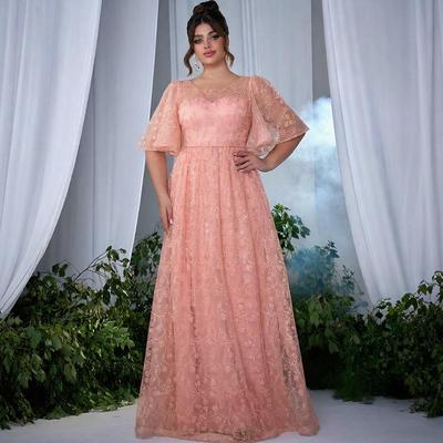 Elegant Plus Size Pink Evening Gown - Slimming & Tummy Concealing, High-End Light Luxury Summer Dress for Banquets.