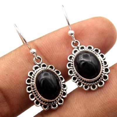 Schwarzer Onyx-Edelstein, massiver 925er-Sterlingsilber, handgefertigter Schmuck, Ohrhänger