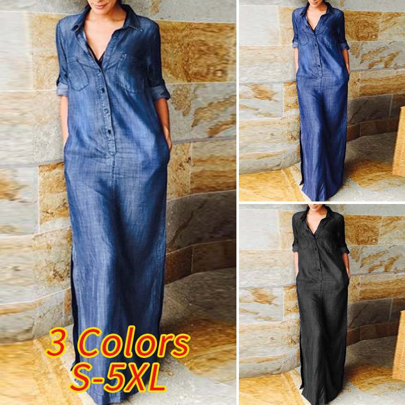 Maxi abito in denim casual da donna con bottoni e spacchi laterali