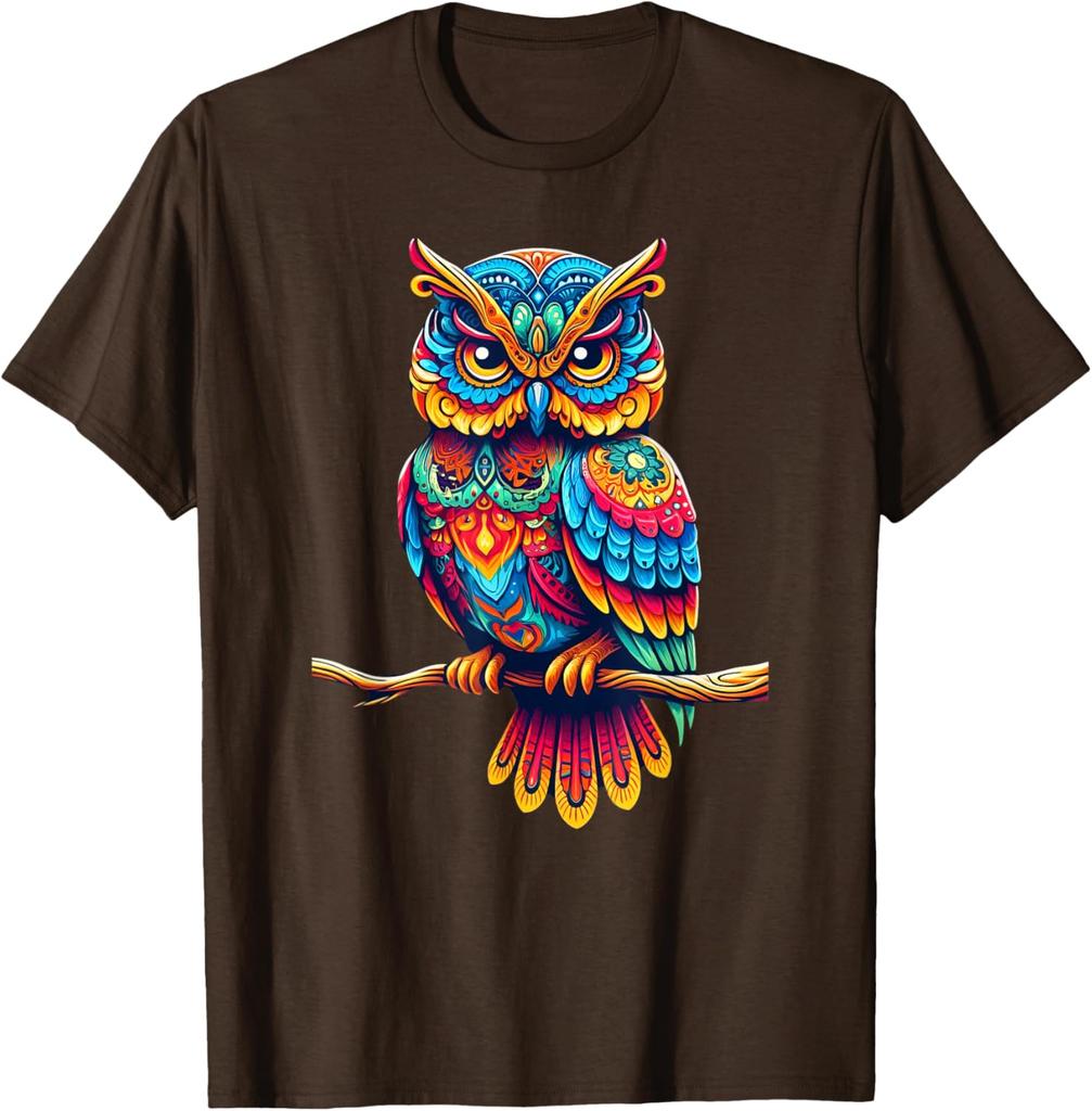 Colorful Psychedelic Owl Perched on Branch Graphic T-Shirt Casual Cotton Tee for Men
