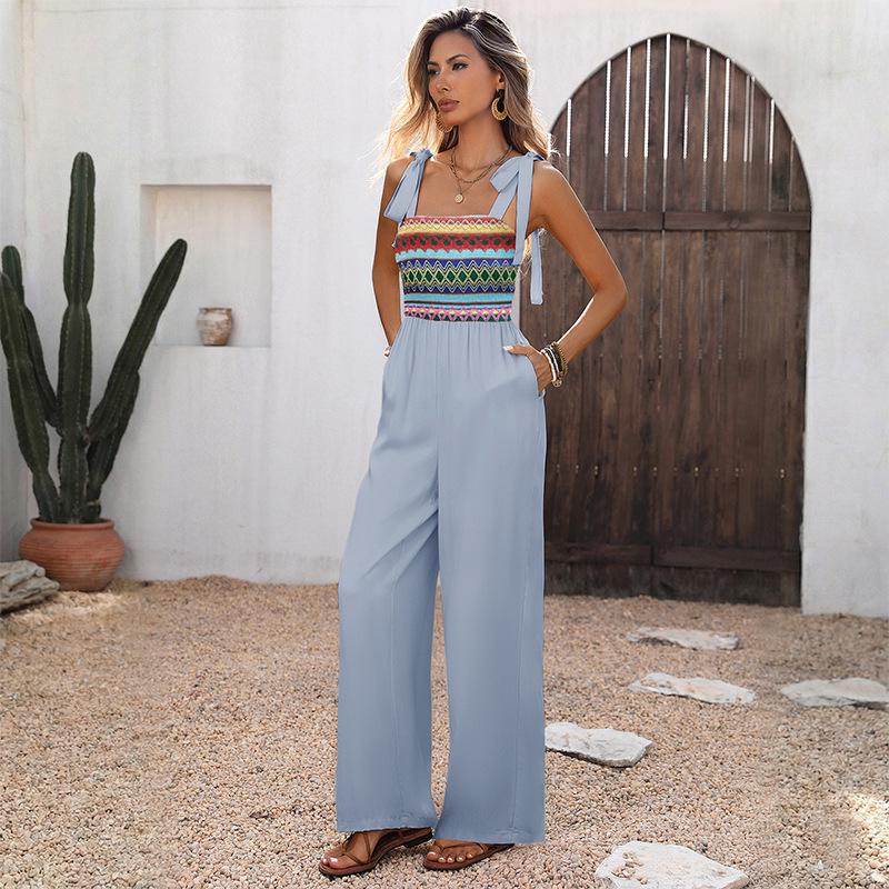 

Summer Ethnic Style Colorful Embroidered Patchwork Strappy Holiday Jumpsuit for Women XL світло-синій колір