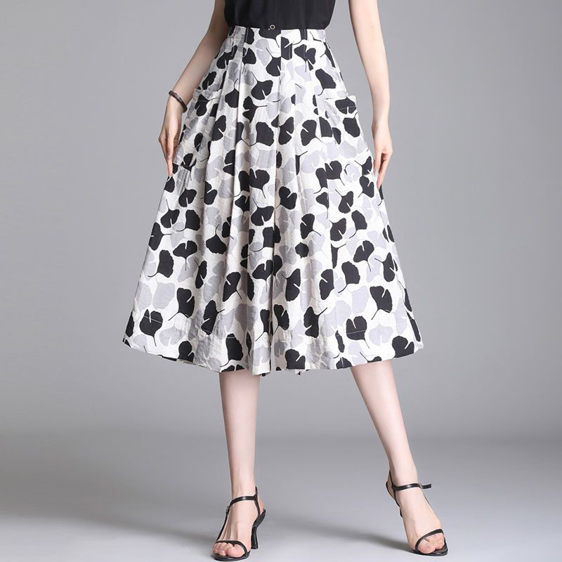 Summer Women Geometric Patterns Wide Leg Skirt Pants Korean New Fashion Capris Oversized Casual Elastic High Waist Slit Trousers
