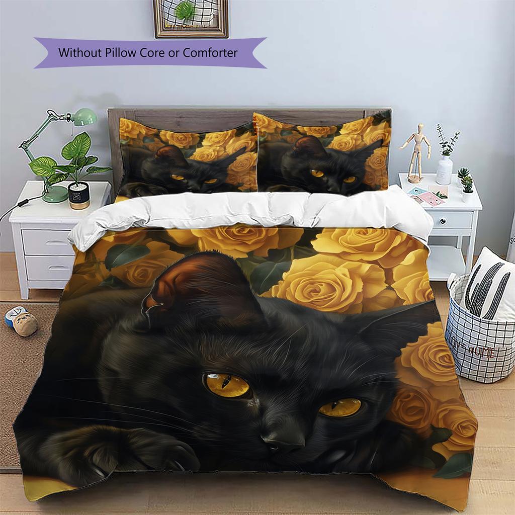 Bombay Cat and Rose Pattern Bedding Home Decoration Birthday Gift (1 * duvet cover + 2 * pillowcase, without core)