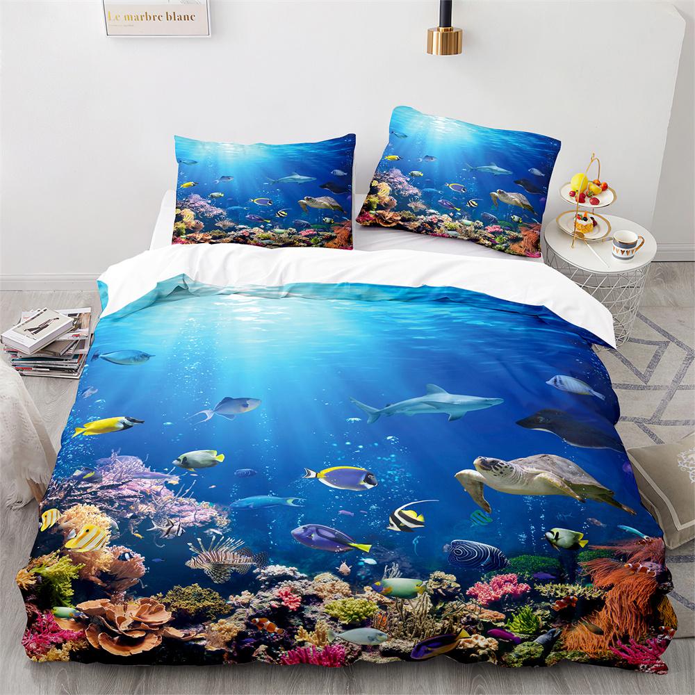 Underwater World Duvet Cover King Queen Blue Ocean Shark Bedding Set For Kids Sea Animal Coral Fish 2/3pcs Polyester Quilt Cover