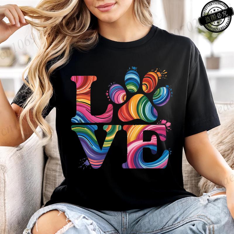 Summer T-shirt Fashion Heart Dogs Paw Print Casual Tops Colorful Heart Paws Printed Tops Cartoon Graphic Printed Tees Black Tops