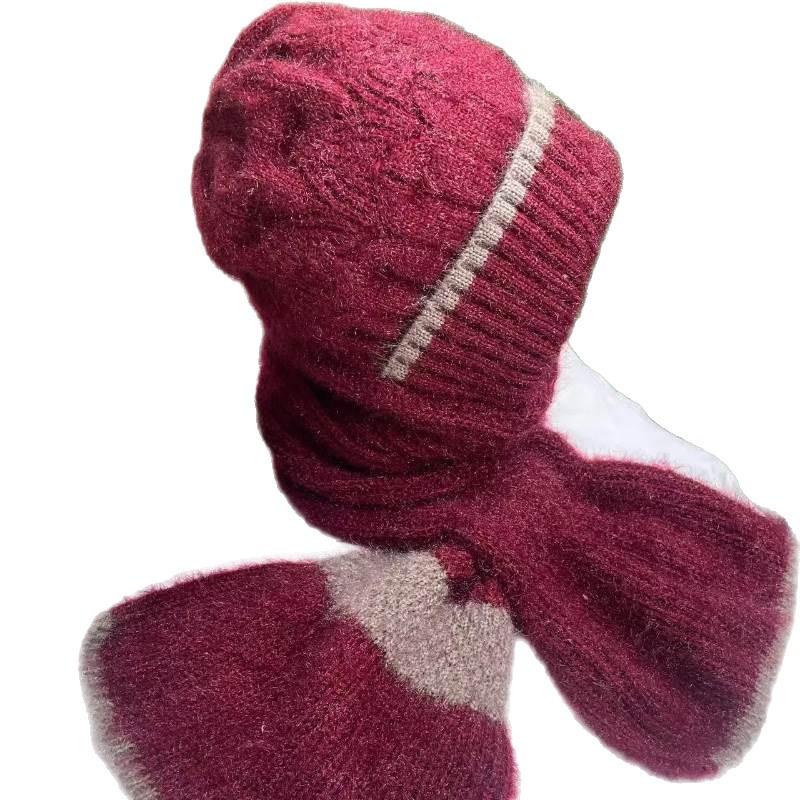 Autumn and Winter Color blocked Hats and Scarves New Velvet and Thickened Knitted Fashionable All In One Anti Wind and Snow Ear Protection Hats