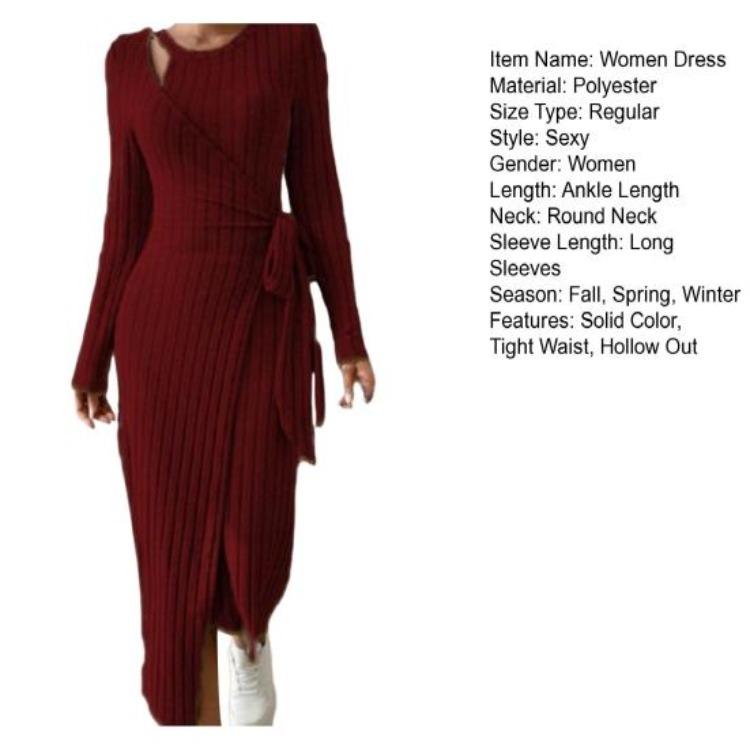 Women Fall Winter Knitted Solid Color Wrap Dress Hollow Out Lace Up Waist Round Neck Long Sleeve Irregular Hem Elastic