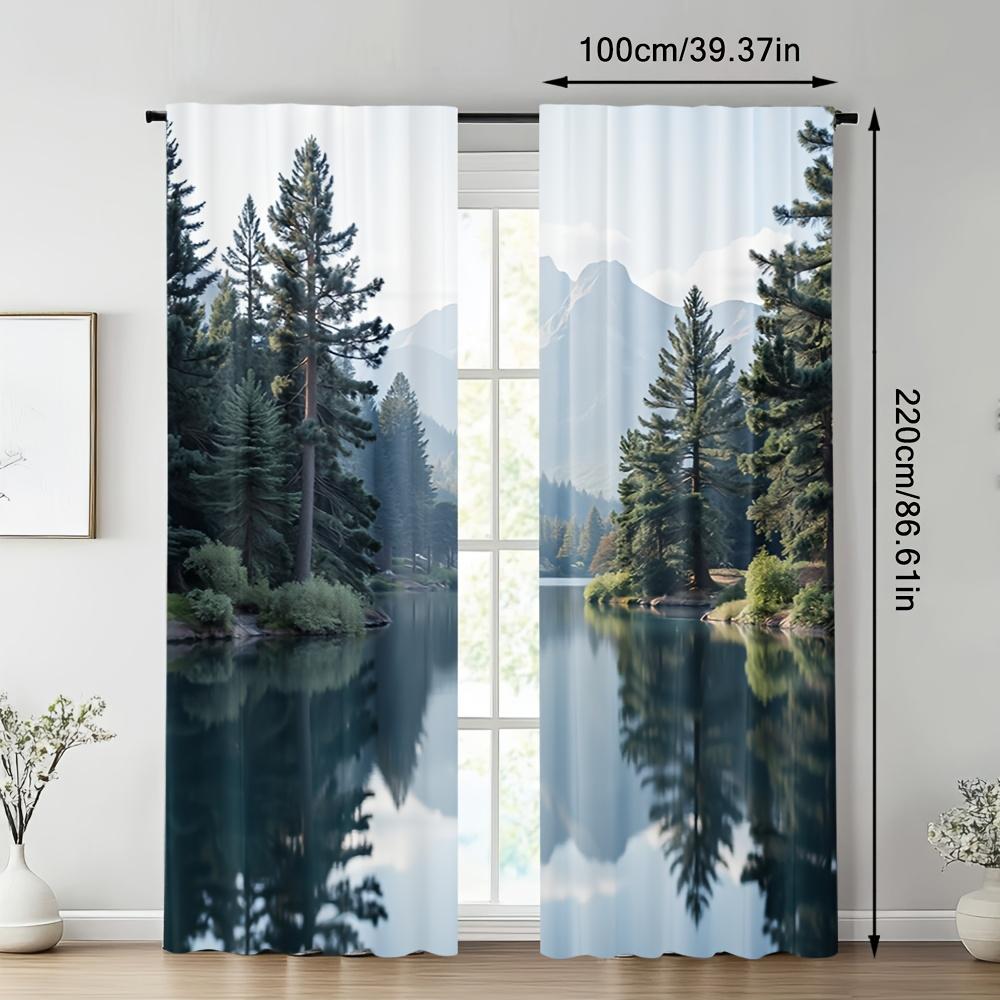 2pcs Forest & Lake Landscape Printed Blackout Curtains - Contemporary Polyester Knit   Easy Machine Wash   No Rod Needed   Quick