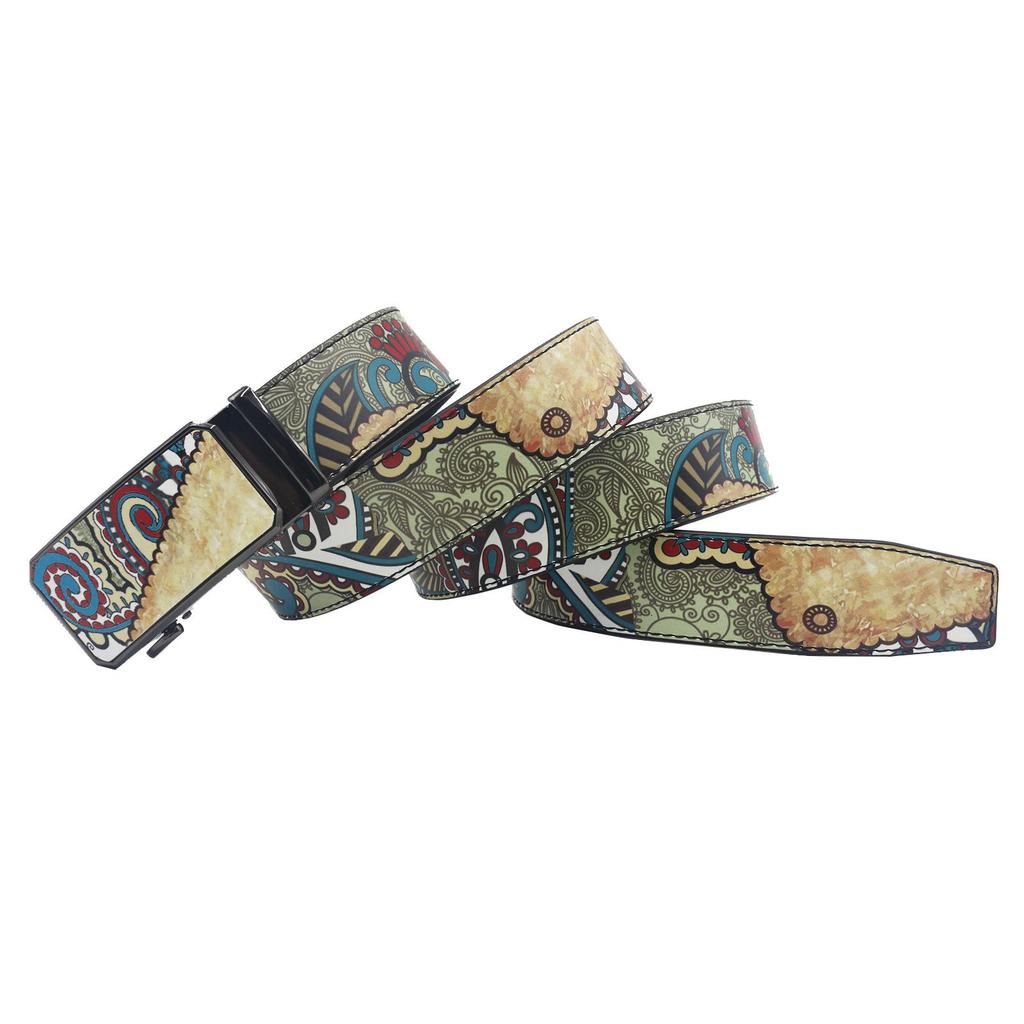 Retro Ethnic Style Automatic Buckle Leather Belt with Graffiti Print