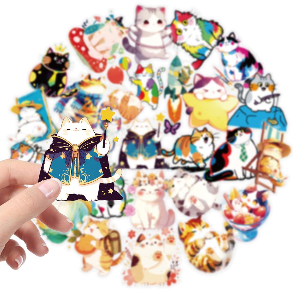 10/30/50pcs Kawaii Colorful Cat Transparent PET Stickers Cute Cartoon Sticker Decoration Suitcase Notebook Phone Decals Packing